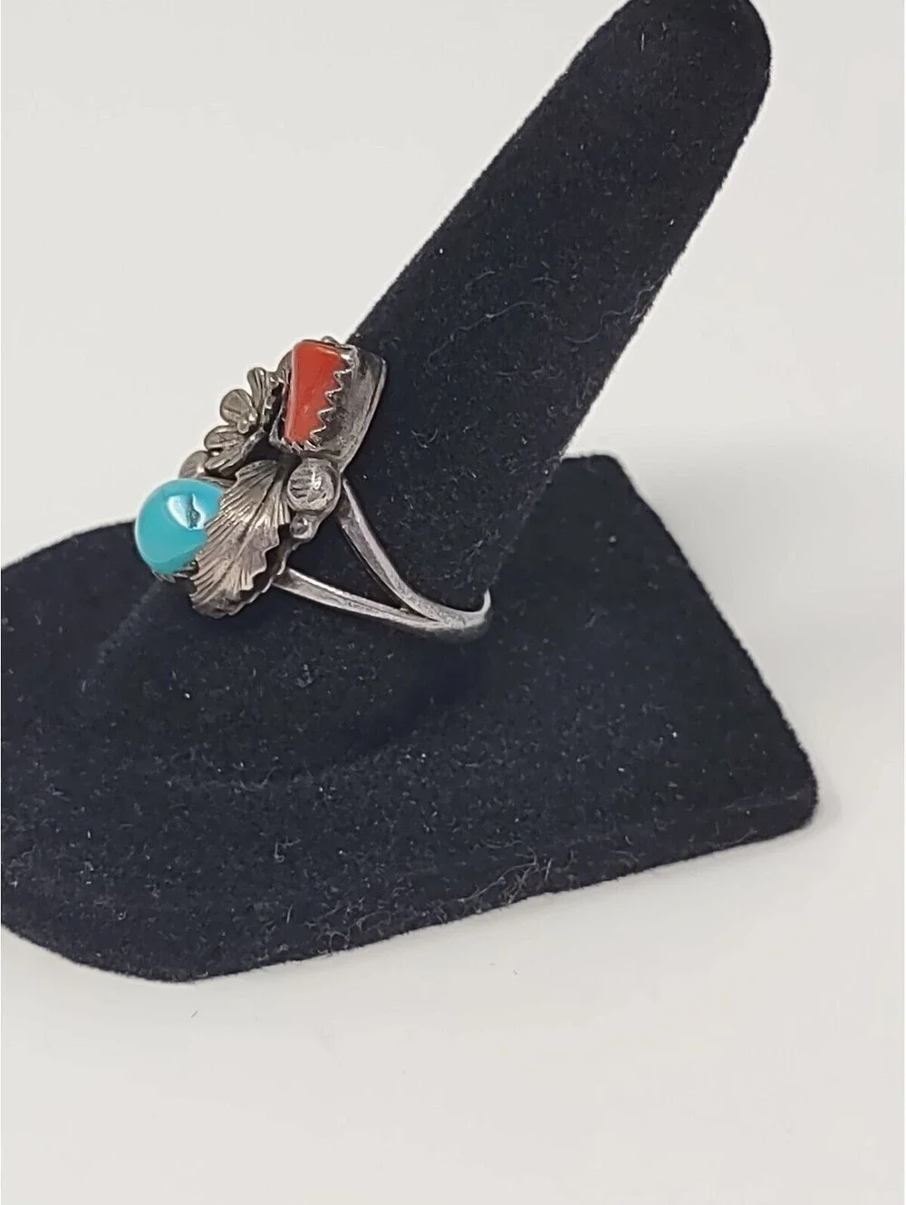 VTG Navajo 925 Sterling Turquoise Coral Ring Size 7 MS Star